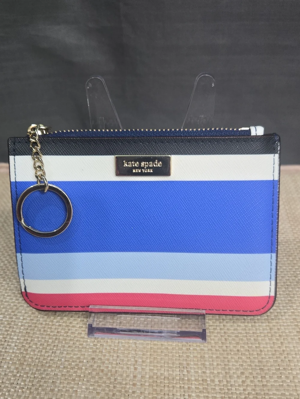 NWOT kate spade Blue, Light Blue, White, Pink Striped Card Pouch with Keyring